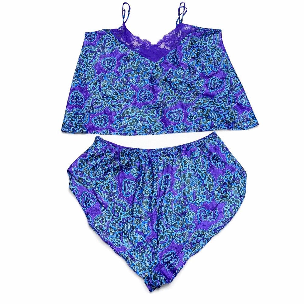 Solange Vintage Satin & Lace 2-Piece Pajama Set - Purple Paisley - Size 22/24